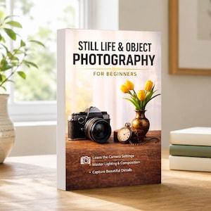 May include: A book titled "Still Life & Object Photography for Beginners" stands on a wooden surface. A black camera, a vase with yellow tulips, and a pocket watch are arranged in front of the book. The book cover includes text: Learn the Camera Settings, Master Lighting & Composition, Capture Beautiful Details.