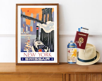 Reprint of a Vintage Airline Travel Poster - Swiss Air to New York