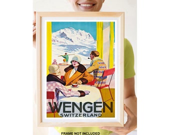 May include: Vintage travel poster featuring a colorful illustration of people enjoying a cafe in Wengen, Switzerland. The poster has a yellow, blue, and red color scheme and features a mountain range in the background.
