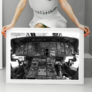 Black and White Photographic print of the flightdeck of a Blackhawk Helicopter
