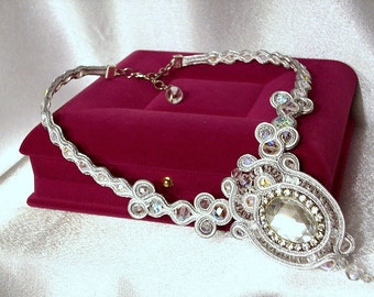Stunning Handmade white & silver sheen soutache necklace DA1499