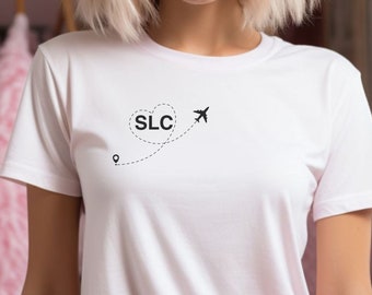 Koszulka z kodem lotniska SLC IATA, koszulka podróżna, ulubione lotnisko, kod lotniska, koszulka podróżna, koszulka lotnicza, tryb samolotowy, zabawna koszulka