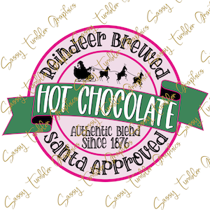 DESIGNER ORIGINALE Cioccolata calda rosa approvata da Babbo Natale png, Cioccolata calda di Babbo Natale, Etichetta di cioccolata calda preparata dalle renne, PNG di Natale