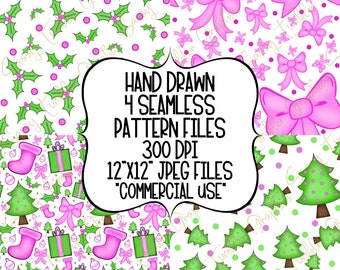 May include: Four seamless pattern designs with a white background. The patterns include holly, pink bows, Christmas trees, gift boxes, and stockings. The image also includes the text: HAND DRAWN 4 SEAMLESS PATTERN FILES 300 DPI 12"X12" JPEG FILES "COMMERCIAL USE".