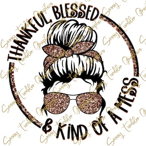May include: A graphic design featuring a woman's silhouette with a messy bun, sunglasses, and a headband, all with a glittery brown texture. The text reads "THANKFUL, BLESSED, & KIND OF A MESS" in a circular arrangement.