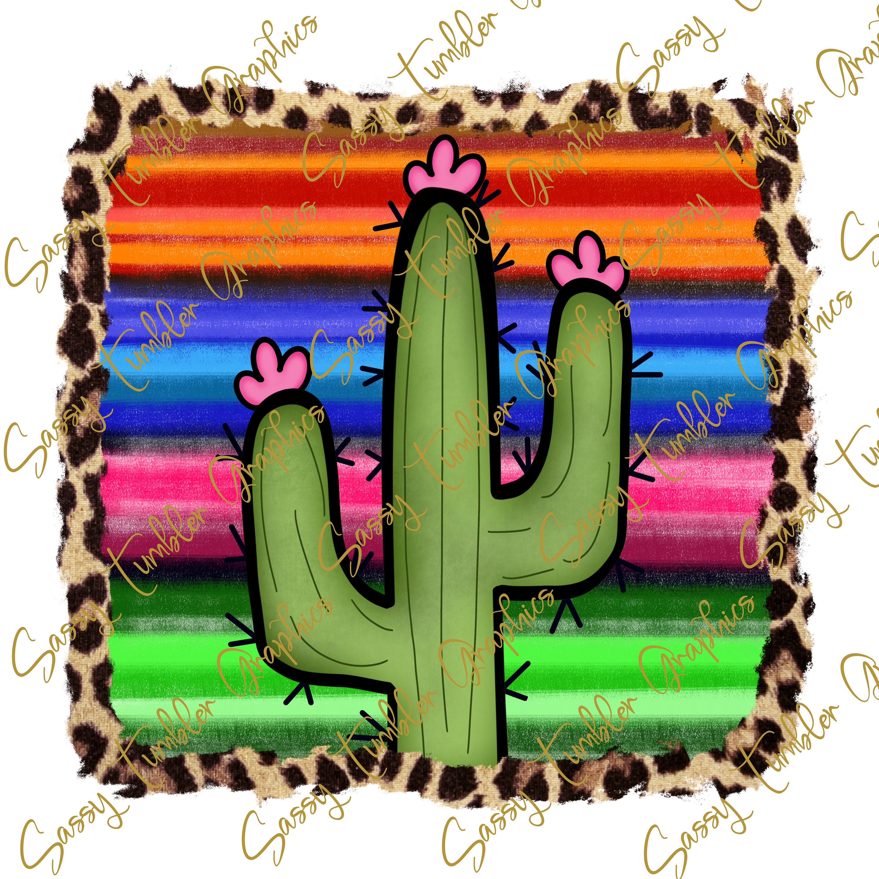PNG Hand Drawn Serape Cactus, waterslide files, sublimation graphics, tumbler graphics