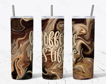 20oz Skinny Straight Tumbler Wrap PNG, Coffee Swirl png, Coffee is Life PNG, Coffee PNG, Sublimation Tumbler, Tumbler Graphics