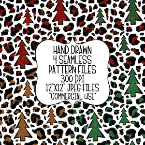 Hand Drawn Christmas Leopard Seamless Patterns, Digital Paper, Printable Scrapbook Paper, Digital Download