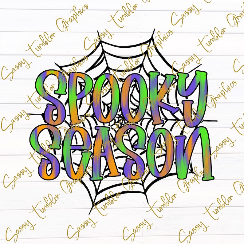 May include: A Halloween graphic featuring the phrase "Spooky Season" in vibrant green, orange, and purple lettering. The text is set against a black spiderweb design. The background has a white wood grain texture, creating a seasonal aesthetic.