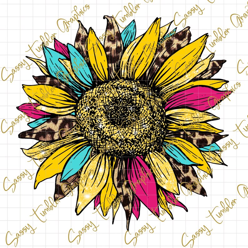 May include: A colorful sunflower with yellow, pink, and turquoise petals. The sunflower has a brown and black leopard print pattern on the petals. The sunflower is on a white background.