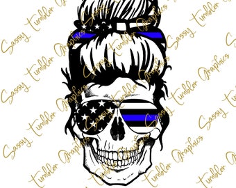 Blauer Linienschädel PNG, Polizeischädel, Wasserschiebeschädel, Sublimationsgrafik, Tumbler-Grafik