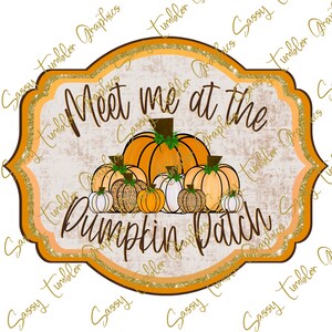 May include: A fall-themed design featuring a collection of pumpkins in various sizes and patterns, with the text "Meet me at the Pumpkin Patch" in a decorative frame. The pumpkins are orange, white, and leopard print.