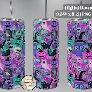 May include: A set of three Halloween-themed tumblers with a repeating pattern of pumpkins, ghosts, skulls, and tombstones. The design includes the text "RIP" on the tombstones and the words "Digital Download" and dimensions in inches. The tumblers have a silver straw.
