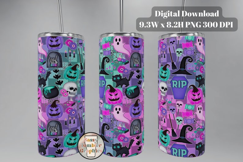 May include: A set of three Halloween-themed tumblers with a repeating pattern of pumpkins, ghosts, skulls, and tombstones. The design includes the text "RIP" on the tombstones and the words "Digital Download" and dimensions in inches. The tumblers have a silver straw.