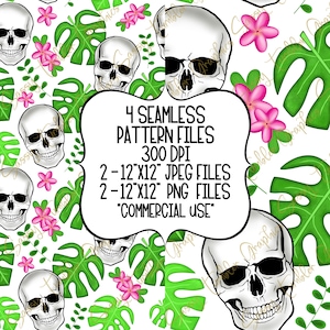 Hand Drawn Monstera Skull Seamless Patterns, Digital Paper, Printable Scrapbook Paper, Digital Download