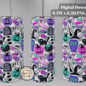 May include: A Halloween-themed tumbler with a repeating pattern of pumpkins, ghosts, skulls, and witch hats. The design includes the text "RIP" on a tombstone, set against a gray and white checkered background. The tumbler has a silver straw.