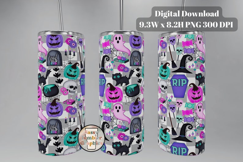 May include: A Halloween-themed tumbler with a repeating pattern of pumpkins, ghosts, skulls, and witch hats. The design includes the text "RIP" on a tombstone, set against a gray and white checkered background. The tumbler has a silver straw.