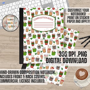 May include: A digital composition book cover design featuring a repeating pattern of various coffee cups, mugs, and tumblers decorated with holiday themes, holly leaves, and berries. The center includes a label with the text COMPOSITION BOOK.