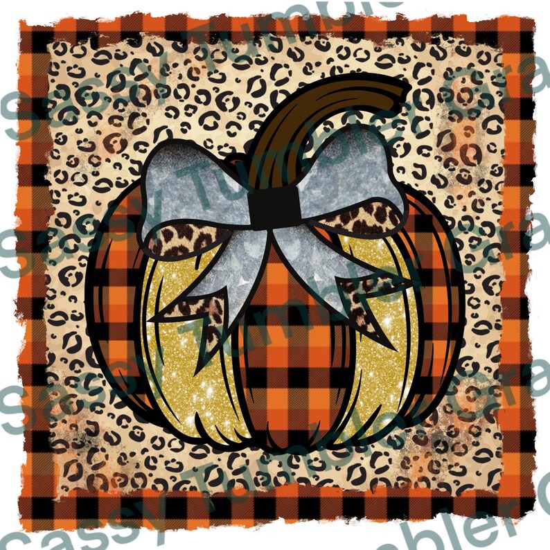 May include: A digital design of a pumpkin with an orange and black plaid pattern. The pumpkin has a silver bow with leopard print details and a brown stem. The background features a leopard print design and a plaid border.