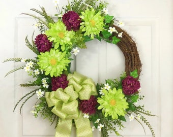 Gerbera Daisies Spring Wreath for Door, Front Door Wreath, Summer Spring Door Decor, Flower Wreath, Grapevine Wreath