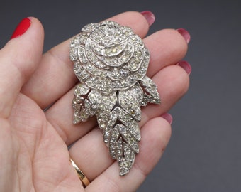 Vintage antique c 1930s 1940s art deco American HUGE statement rhinestone rose and leaf dress clip Coro (?)