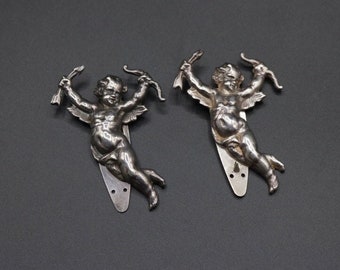 Vintage 1930s 1940s hand cast sterling silver Keim London cupid or cherub novelty dress clip pair 34.15g