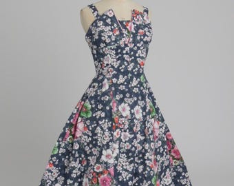 Vintage 1950er Jahre original La Reine Baumwoll Kleid mit Blumen Print UK 10 12 S M