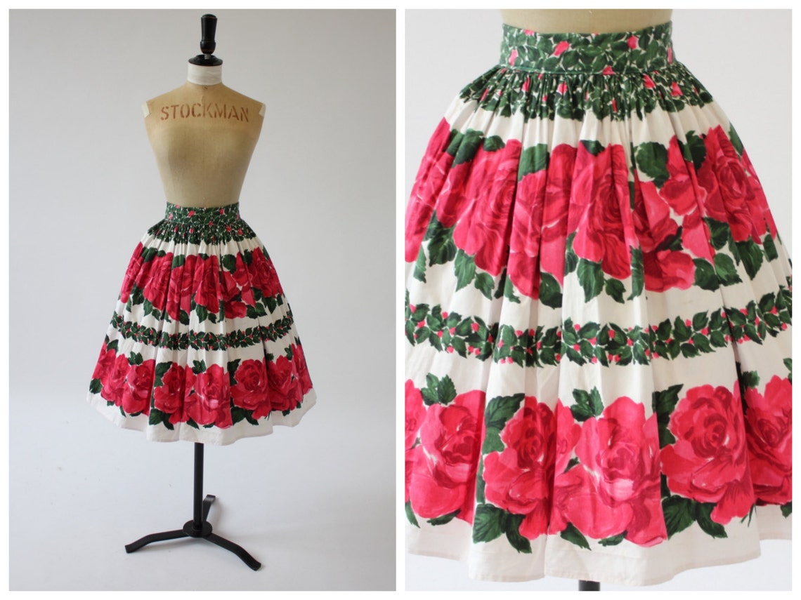 Vintage original 1950s 50s novelty rose print cotton skirt UK Etsy