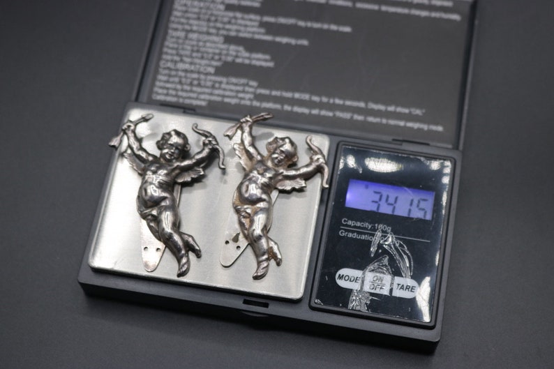 Vintage 1930s 1940s hand cast sterling silver Keim London cupid or cherub novelty dress clip pair 34.15g image 3