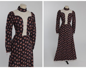 Vintage 1970s original black floral print maxi dress with lace details UK 8 US 4 S