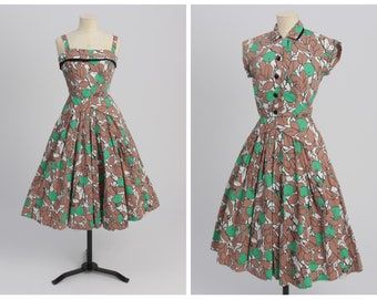 Vintage 1950s original green and brown fruit print cotton dress and matching bolero UK 6 8 US 2 4 XS S