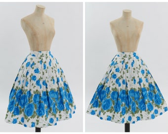 Vintage 1950s original blue and green floral rose print cotton skirt UK 6 US 2 XS