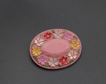 Vintage 1930s original Czech Bohemian pressed pink glass floral oval brooch hand painted