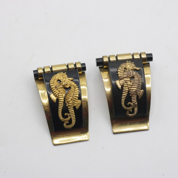 Vintage 1930s 1940s original L'Hippocampe Jean Painleve seahorse novelty art deco pair of dress clips black  colour galalith