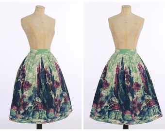 Vintage 1950s original novelty scenic print cotton skirt UK 6 US 2 XS