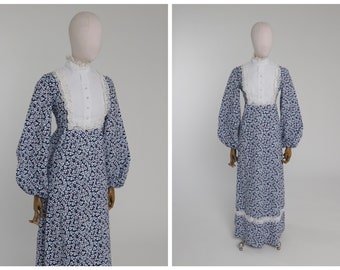 Vintage 1970s original blue cotton floral print maxi dress UK 8 10 US 4 6 S M