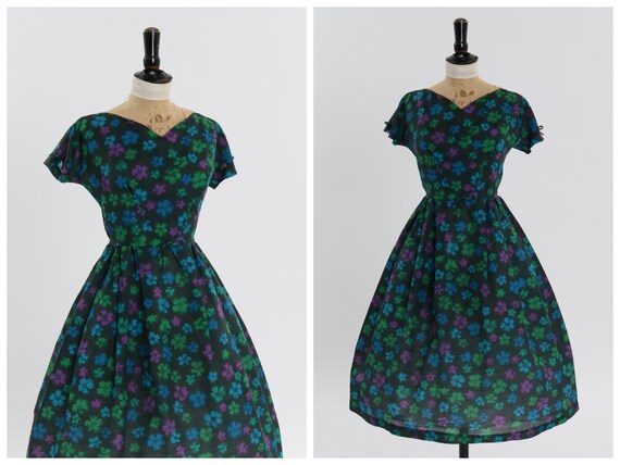 Vintage 1950s original black floral print dress by