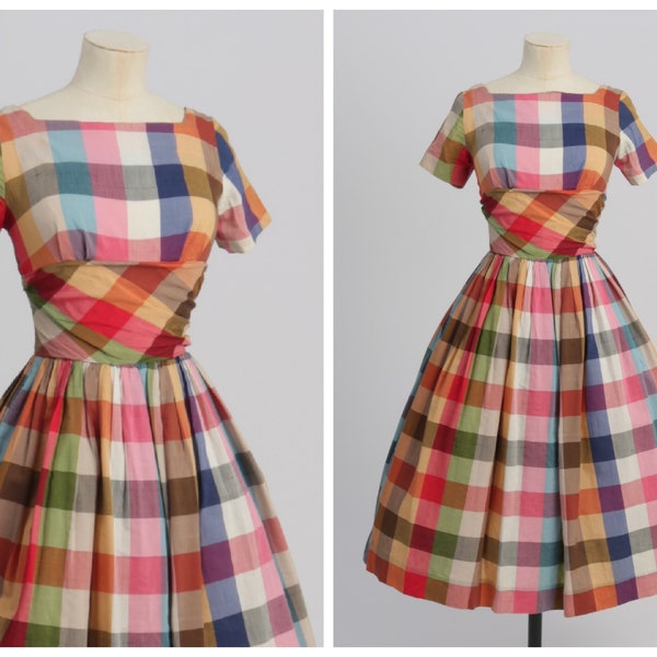 Vintage 1950s original check plaid cotton dress by Carol Rodgers UK 6 US 2 XS