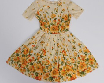 Vintage 1950s original yellow floral border print cotton dress UK 8 US 4 S