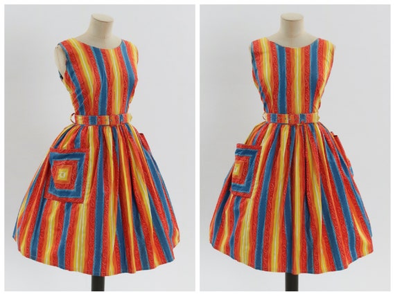 Vintage 1950s original rainbow stripe cotton dress