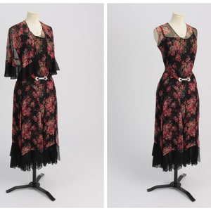 Vintage Antique 1920s original floral print chiffon art deco dress with flying panels and matching cape UK 8 10 US 4 6 S