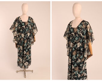 Vintage 1970s original Janice Wainwright for Simon Massey angel sleeve statement floral print orlon maxi dress S M