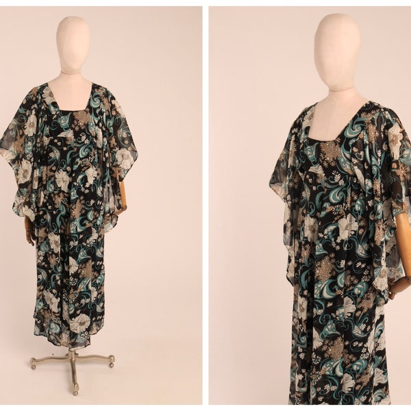 Vintage 1970s original Janice Wainwright for Simon Massey angel sleeve statement floral print orlon maxi dress S M