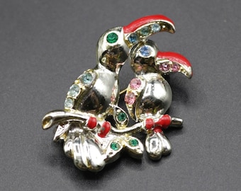 Vintage antique c 1930s 1940s painted metal novelty toucan rhinestone brooch