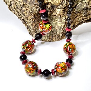 Necklace Wooden Hand painted Beaded Handmade Beads Ukrainian folk style Petrykivka painting.Made to order.