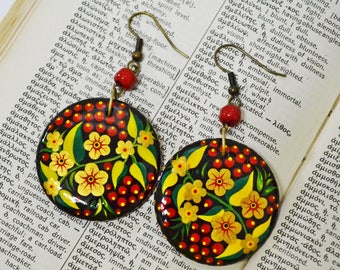 Earrings Wooden Hand painted Flat Round Russian folk style  Earrings Khokhloma painting.Made to order.