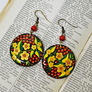 Earrings Wooden Hand painted Flat Round Russian folk style  Earrings Khokhloma painting.Made to order.