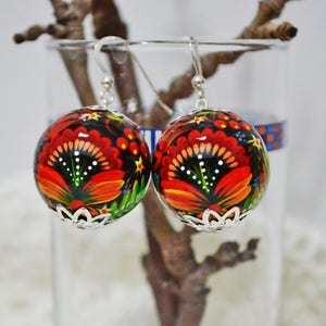 Earrings Wooden Hand painted Earrings Ukrainian folk style Petrykivka painting Hook Silver 925.Made to order.
