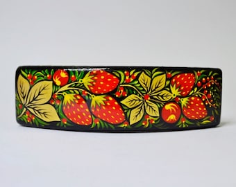 Hair Barrette Wooden Hand painted   Hair Clip  Handmade  Russian folk style Khokhloma painting.Made to order.