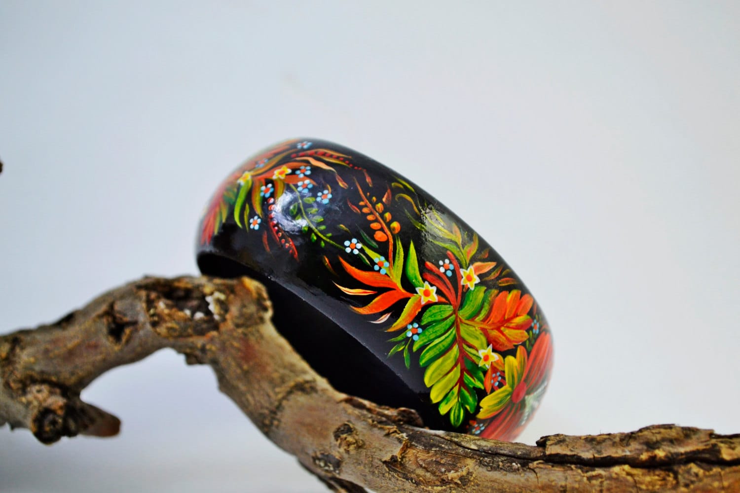 Bracelet Hand Painted Wooden Bangle Painted Ukrainian Folk Style